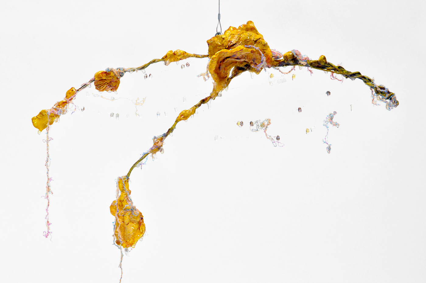 Branch [#SS21SC002] 2021, Oil, Glue, Resin, Yarn, Nylon Wire, Glass Beads, and Stone Powder Clay on Steel Wire, 13 x 20 x 2.5 in. / 32 x 50 x 6 cm