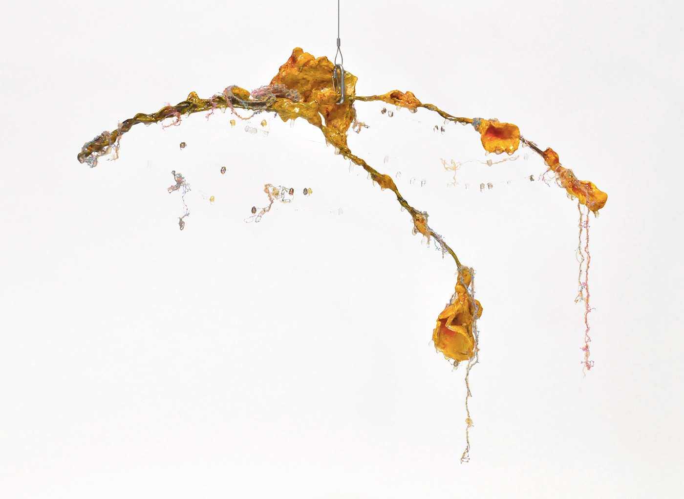 Branch [#SS21SC002] 2021, Oil, Glue, Resin, Yarn, Nylon Wire, Glass Beads, and Stone Powder Clay on Steel Wire, 13 x 20 x 2.5 in. / 32 x 50 x 6 cm