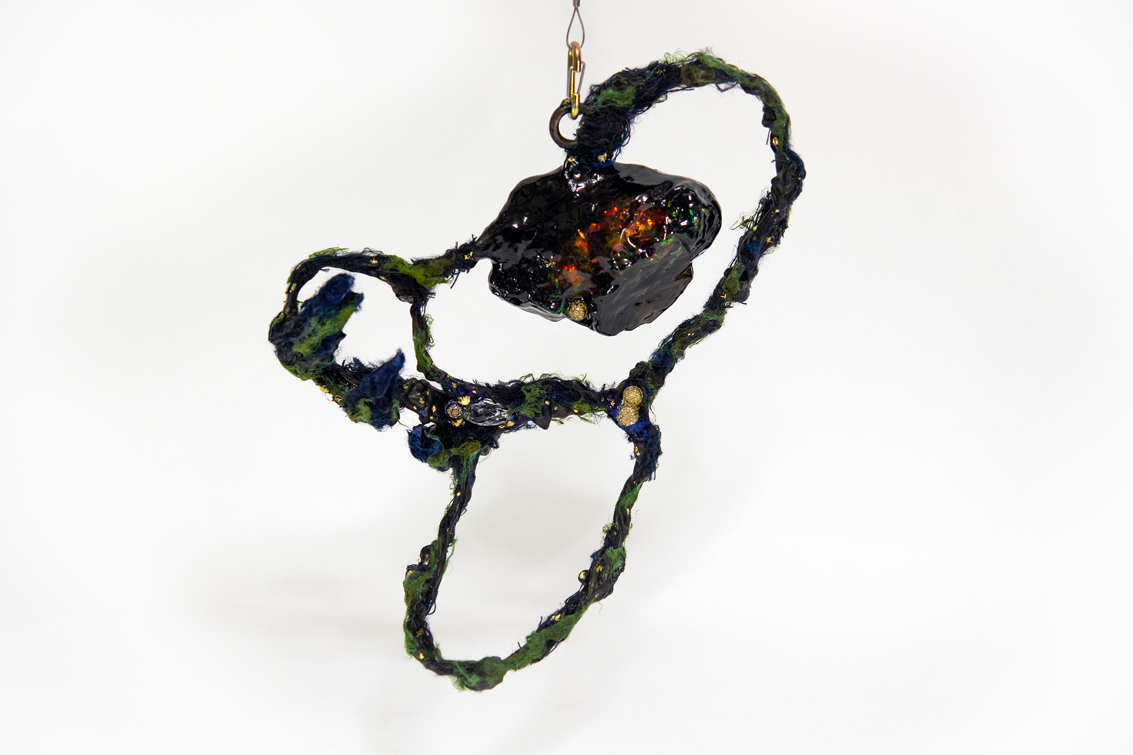 A crow in the rain [#SS21SC005] 2021, Oil, Resin, Glue, Yarn, Acrylic Beads, and Steel Wire on Stone Powder Clay and Resin Clay, 12 x 10.6 x 4.3 in. / 30 x 27 x 11 cm